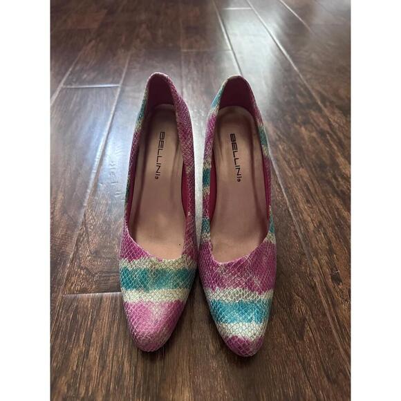 Bellini Pumps Purple Teal White Snakeskin Print Pointed Toe Kitten Heel Exotic - Picture 1 of 6